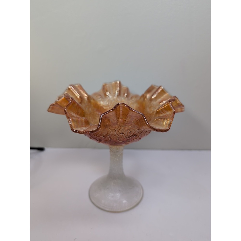 Antique Carnival Glass Fenton Marigold Persian Medallion Compote Peacock Feather